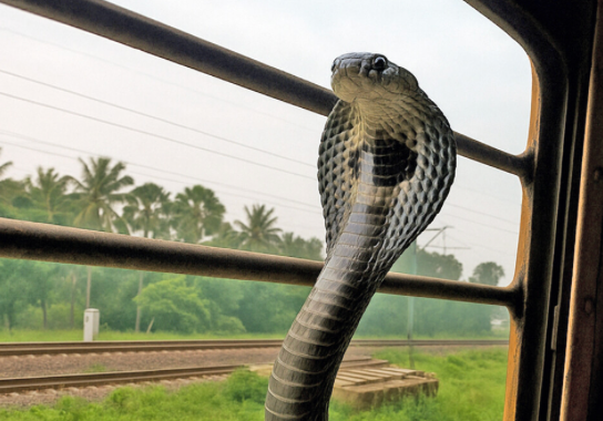 <p>Cobra en el alféizar de una ventana del tren Lokshakti Express, en movimiento, cerca de Valsad, estado de Gujarat, India</p>