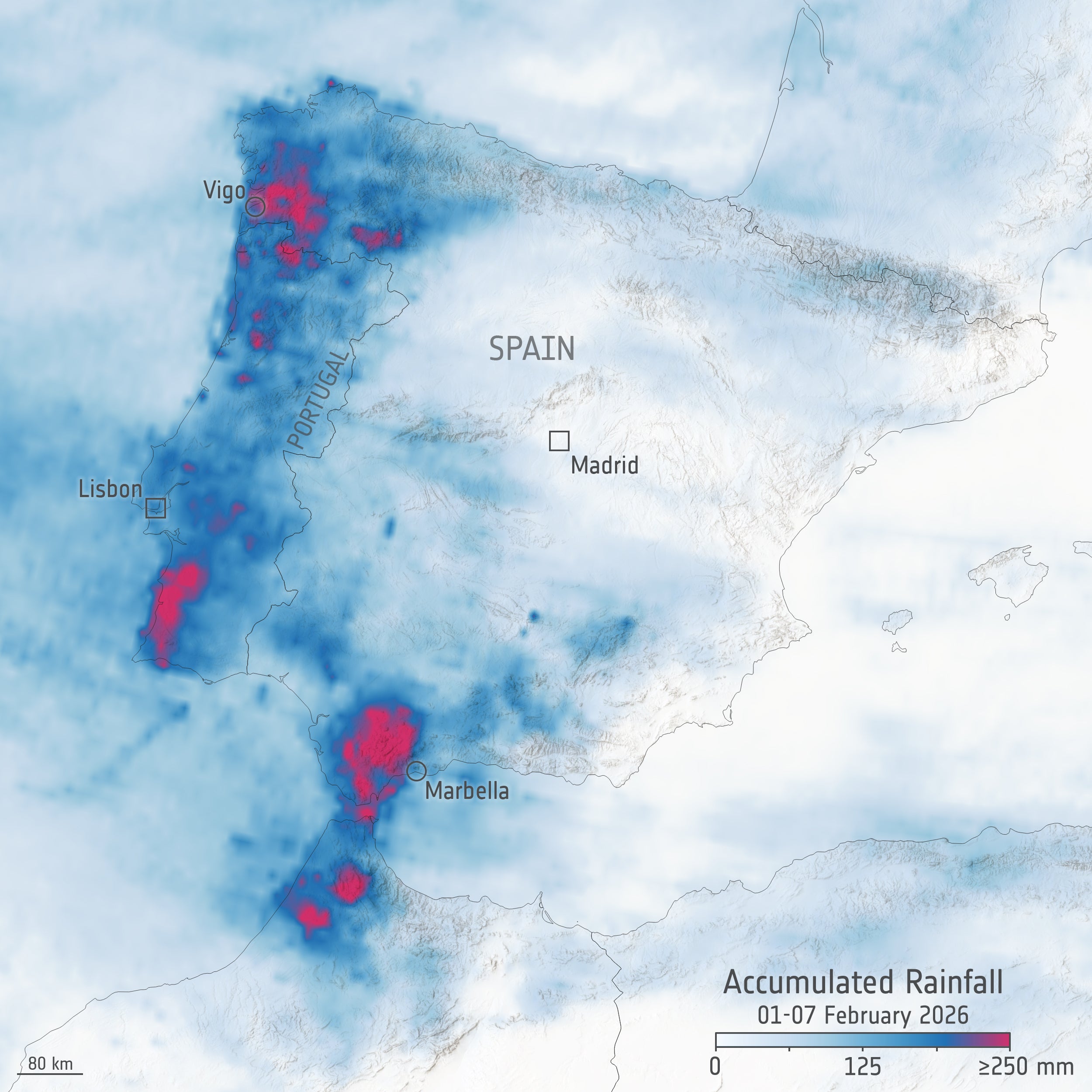El mapa muestra las precipitaciones acumuladas en la península ibérica entre el 1 y el 7 de febrero