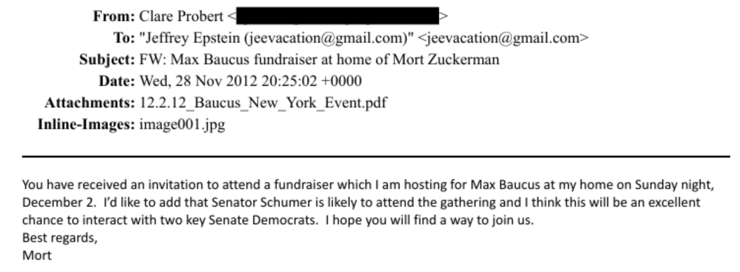 Un correo electrónico de 2012 invitaba a Epstein a asistir a un acto de recaudación de fondos para el exsenador Max Baucus en la casa de un multimillonario