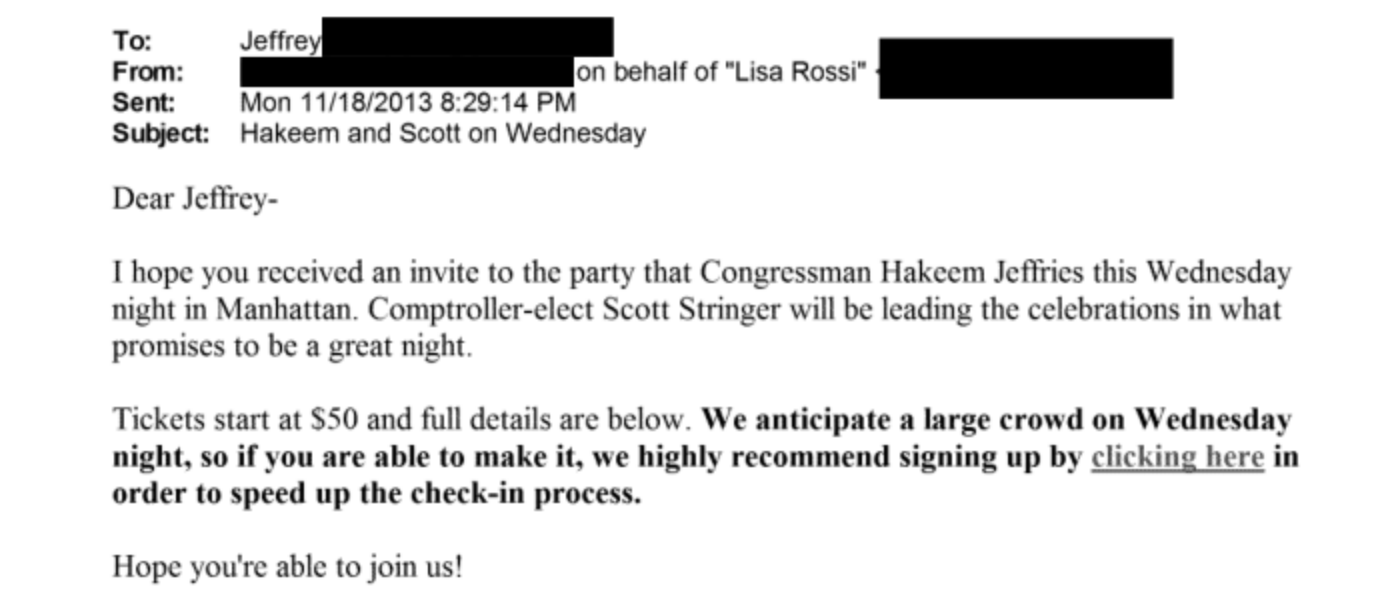 Un correo electrónico de 2013 invitaba a Epstein a una fiesta con el representante por Nueva York Hakeem Jeffries