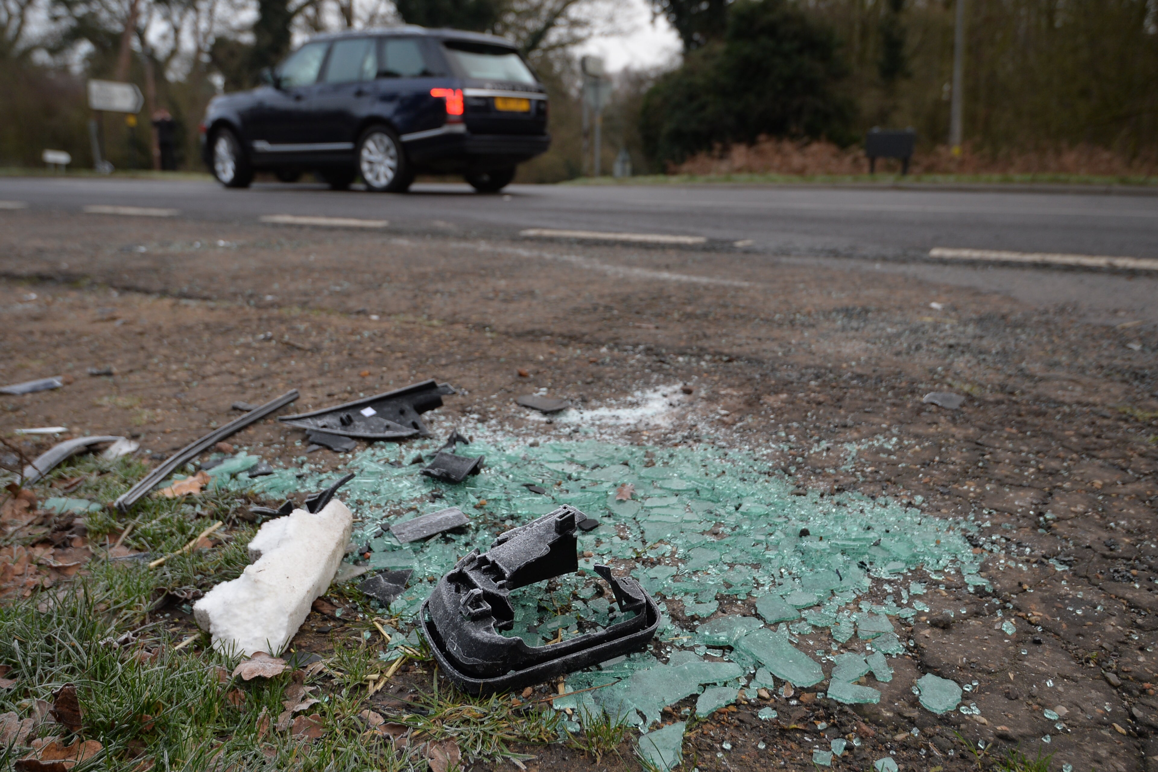 Broken glass and car parts on the side of the A149 near to the Sandringham Estate where the Duke of Edinburgh was involved in a road accident in 2019 (John Stillwell/PA)