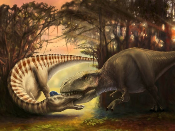 <p>La obra titulada 'The Bite' reconstruye los últimos momentos del Edmontosaurus</p>