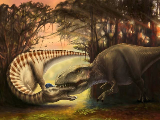 <p>La obra titulada 'The Bite' reconstruye los últimos momentos del Edmontosaurus</p>