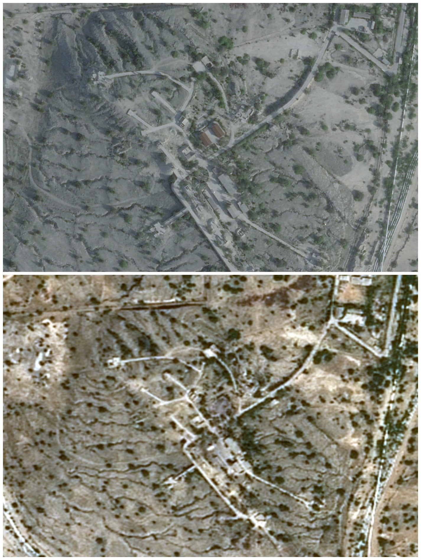 Una imagen comparativa muestra imágenes satelitales de la isla Kharg, en Irán, antes de los ataques de EE. UU., el 25 de febrero de 2026 (arriba), y los daños posteriores a los bombardeos en medio del conflicto entre EE. UU., Israel e Irán, el 14 de marzo de 2026 (abajo)