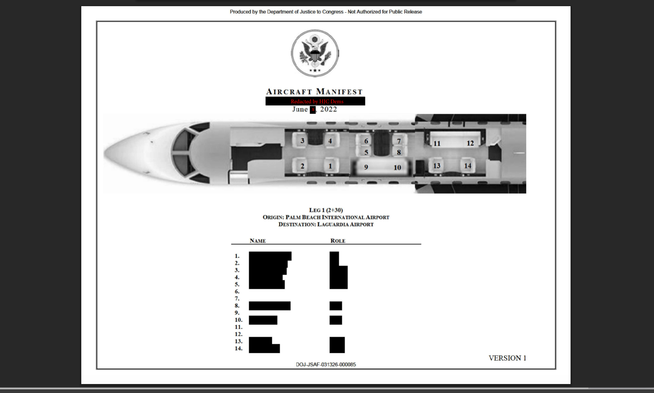 Mapa en el que supuestamente aparece el jet privado de Donald Trump con la lista de pasajeros censurada, procedente de una carta enviada por el congresista demócrata Jamie Raskin a la fiscal general de Florida, Pam Bondi (Departamento de Justicia) .