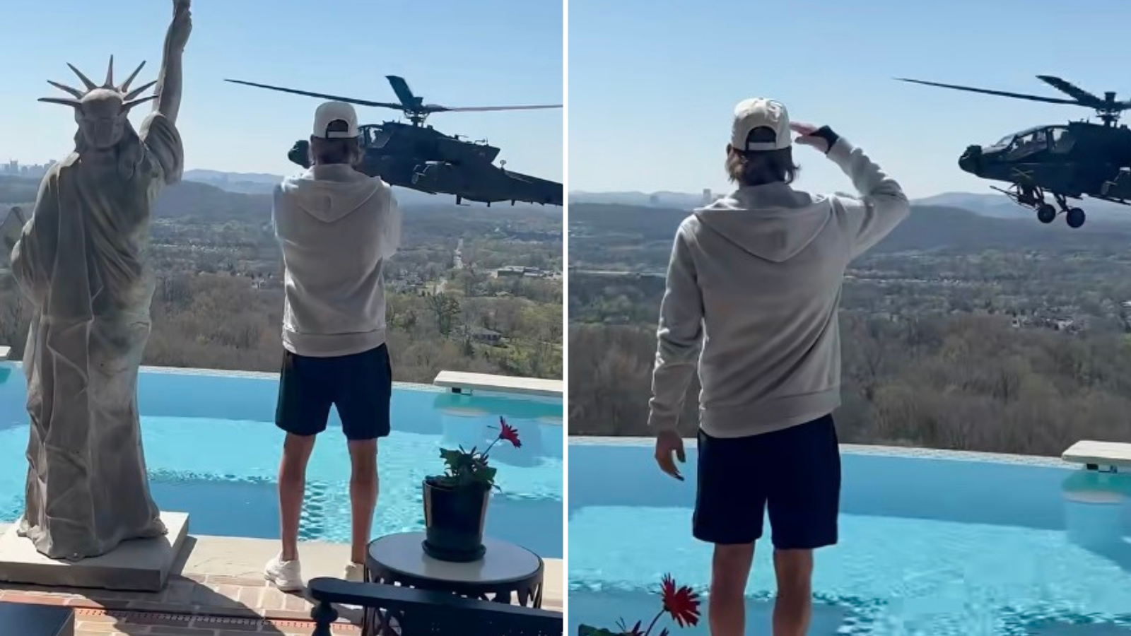 <p>Kid Rock compartió un video en el que parecen verse dos helicópteros militares sobrevolando su mansión en las afueras de Nashville, mientras el cantante aplaudía y hacía un saludo castrense</p>