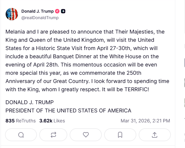 Mr Trump also posted that it will be a 'momentous' occasion