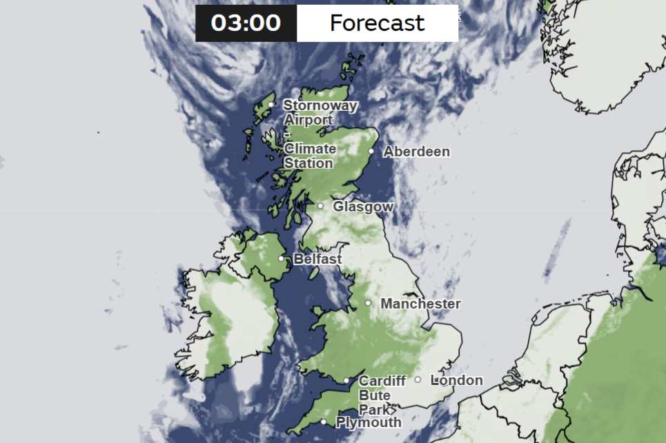 Previsión de nubosidad para las 3:00 a. m. del 2 de abril de 2026 (Oficina Meteorológica del Reino Unido).