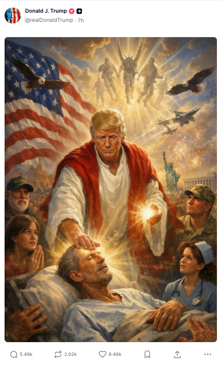 Donald Trump compartió una imagen generada por IA en la que aparece como Jesús curando a un enfermo, tras criticar duramente al papa León