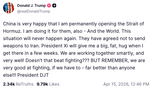 La publicación de Trump en la que promete “abrir de forma permanente” el estrecho