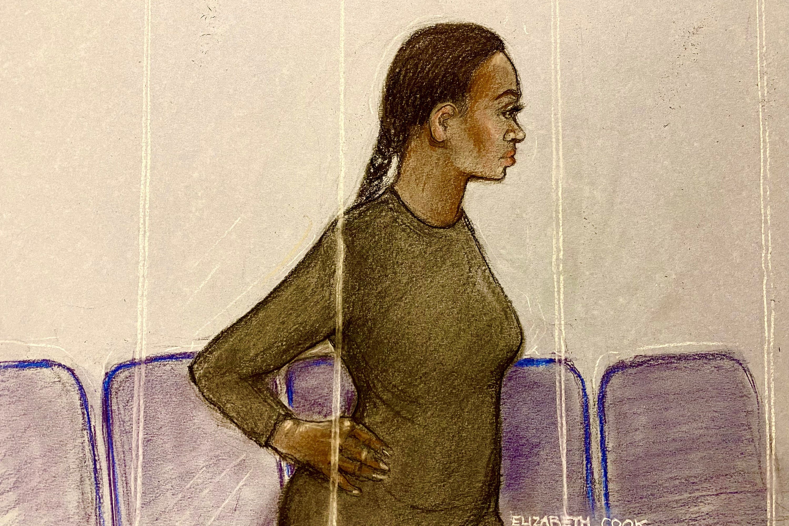 Dibujo del artista de Gabrielle Carrington durante su comparecencia en el Tribunal de Magistrados de Westminster