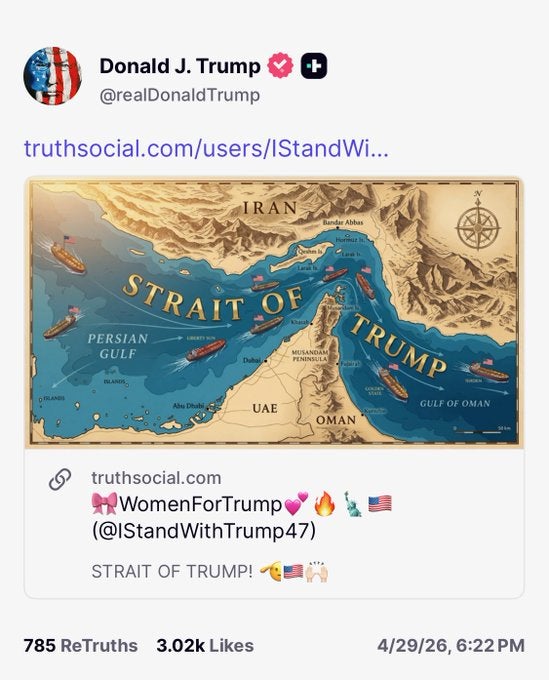 El presidente Donald Trump compartió una imagen del “estrecho de Trump” en las redes sociales, mientras que este paso estratégico sigue prácticamente cerrado dos meses después de que EE. UU. e Israel iniciaran una guerra contra Irán