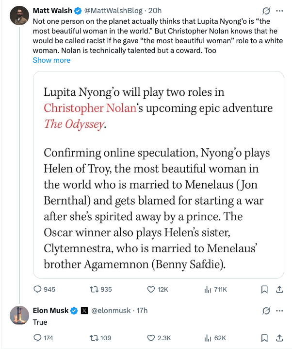Elon Musk ha expresado en X sus críticas al hecho de que Lupita Nyong'o haya sido elegida para interpretar a Helena de Troya