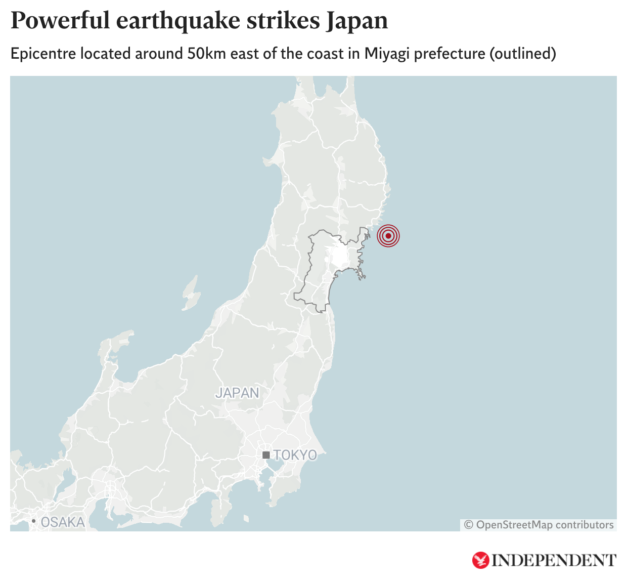 Mapa de ubicación que muestra dónde se registró el potente terremoto de magnitud 6,7 en la prefectura japonesa de Miyagi (delimitada)
