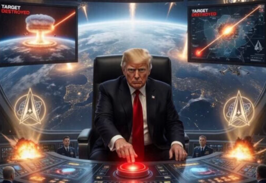 Trump también publicó un meme en el que se imagina orbitando la Tierra en una estación espacial desde la que puede disparar láseres contra objetivos en todo el planeta