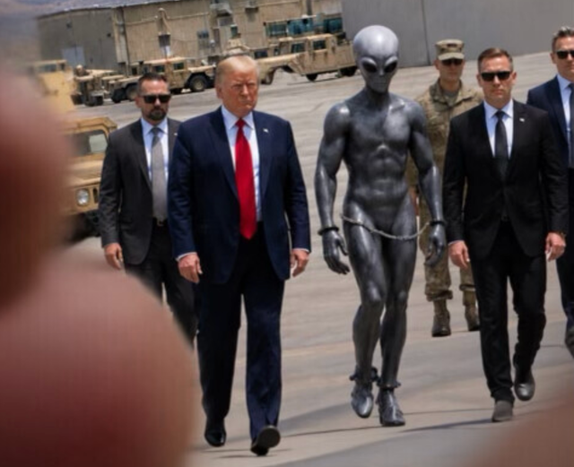 <p>El presidente Donald Trump publicó este fin de semana en Truth Social un meme generado con IA que lo muestra junto al Servicio Secreto escoltando a un extraterrestre plateado a través de una base militar</p>