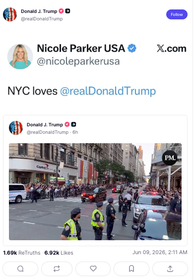 El presidente volvió a compartir un vídeo en Truth Social en el que se veía a una multitud reunida en la calle 34, en Midtown, mientras pasaba su comitiva