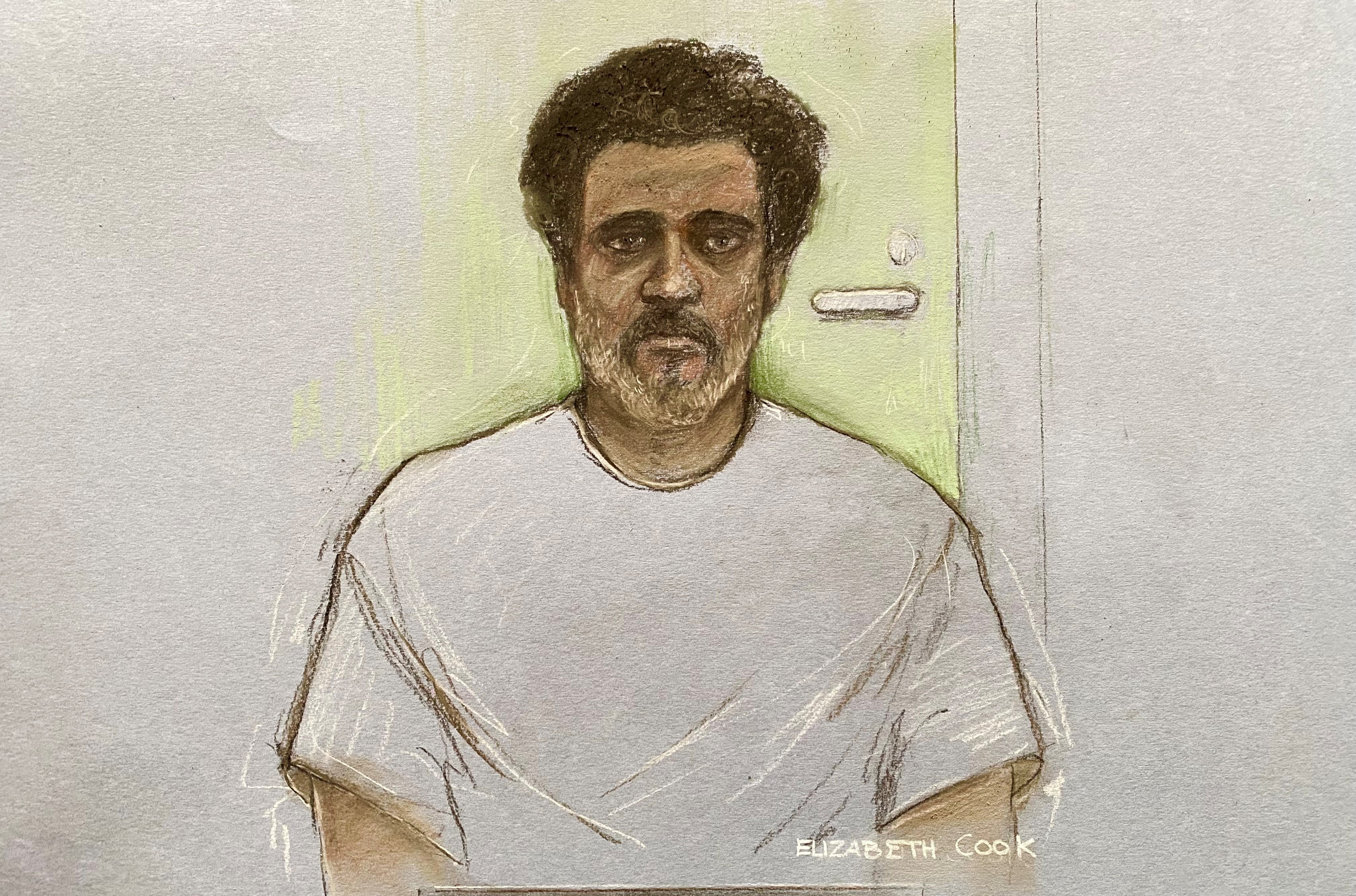 La artista judicial Elizabeth Cook retrató a Ajay Pant, capitán del Smyrtos, quien compareció por videoconferencia ante el Tribunal de Magistrados de Southampton