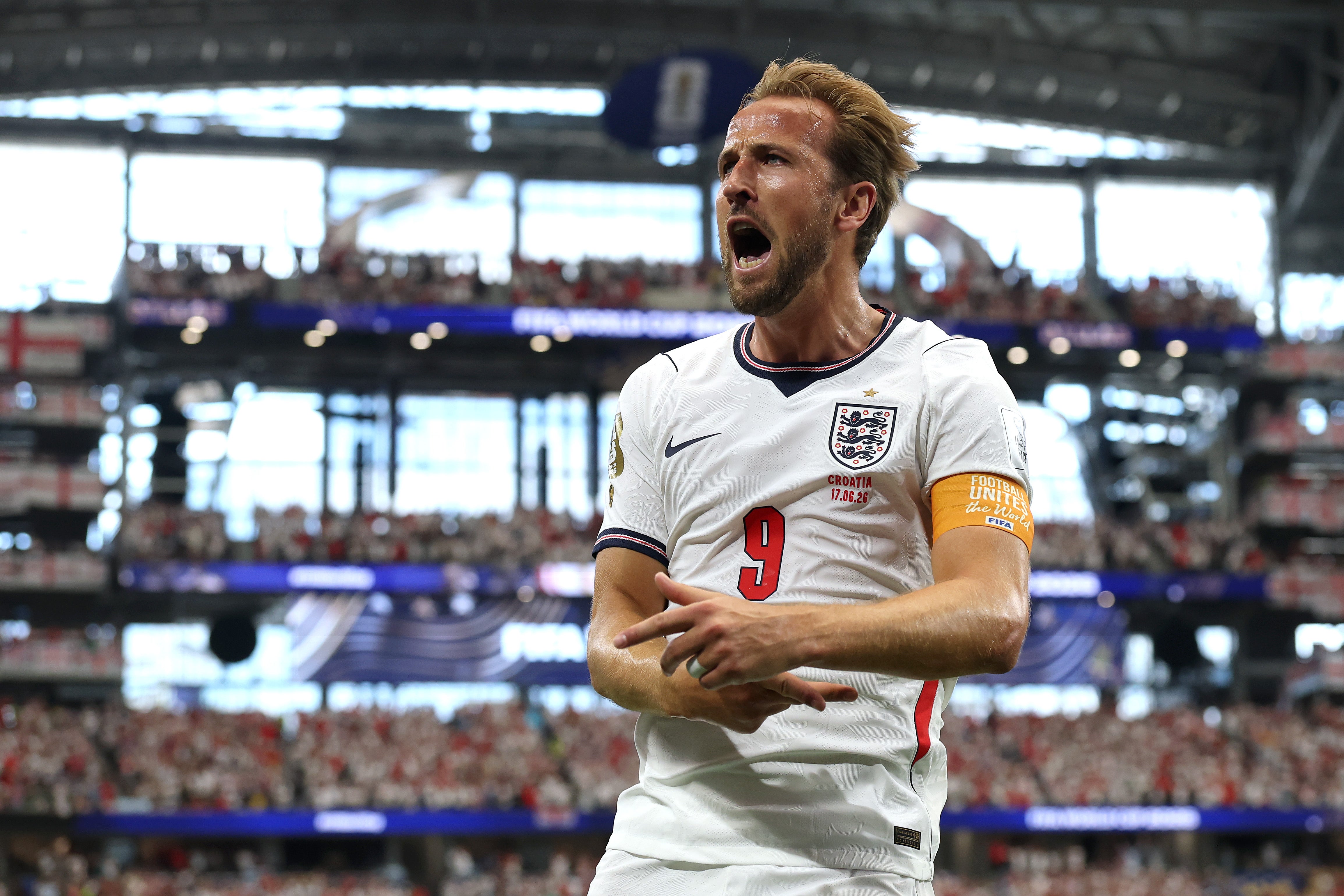 Harry Kane celebra su segundo gol durante el partido entre Inglaterra y Croacia