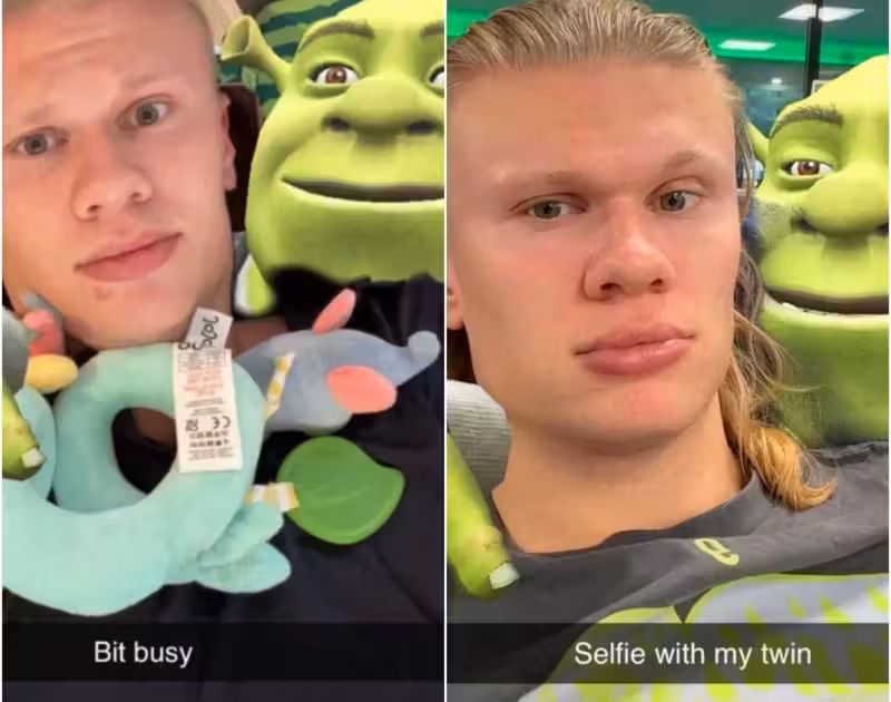 El futbolista noruego Erling Haaland usa los filtros de Snapchat para posar con Shrek