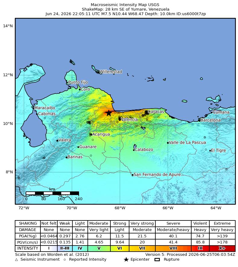 Mapa que muestra la intensidad del terremoto de magnitud 7,5