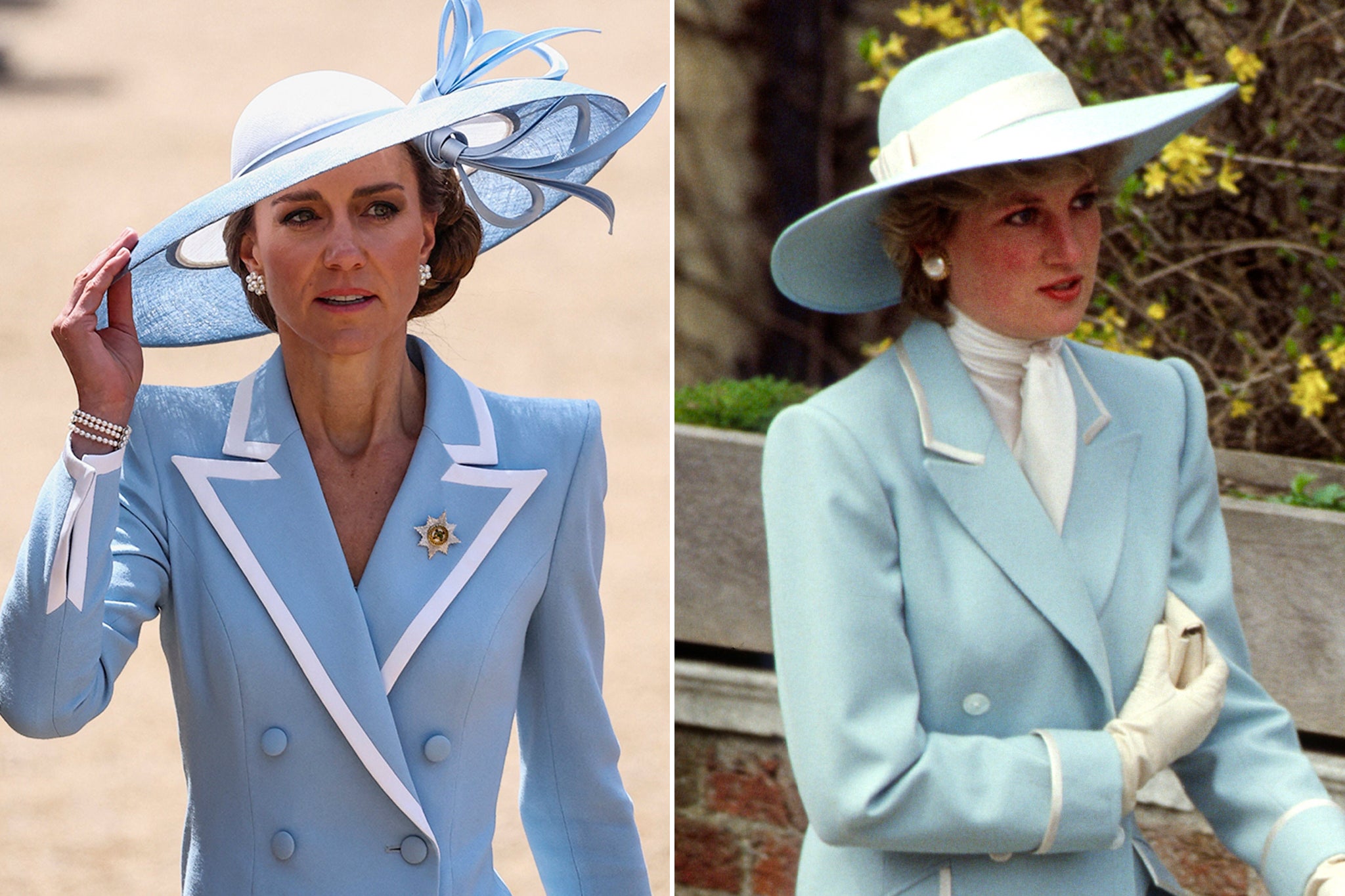 <p>Kate lució este mes un conjunto azul celeste de Catherine Walker en <em>Trooping the Colour</em>, similar al que la princesa Diana vistió en la celebración de Pascua de la familia real en 1987, también diseñado por Catherine Walker  </p>
