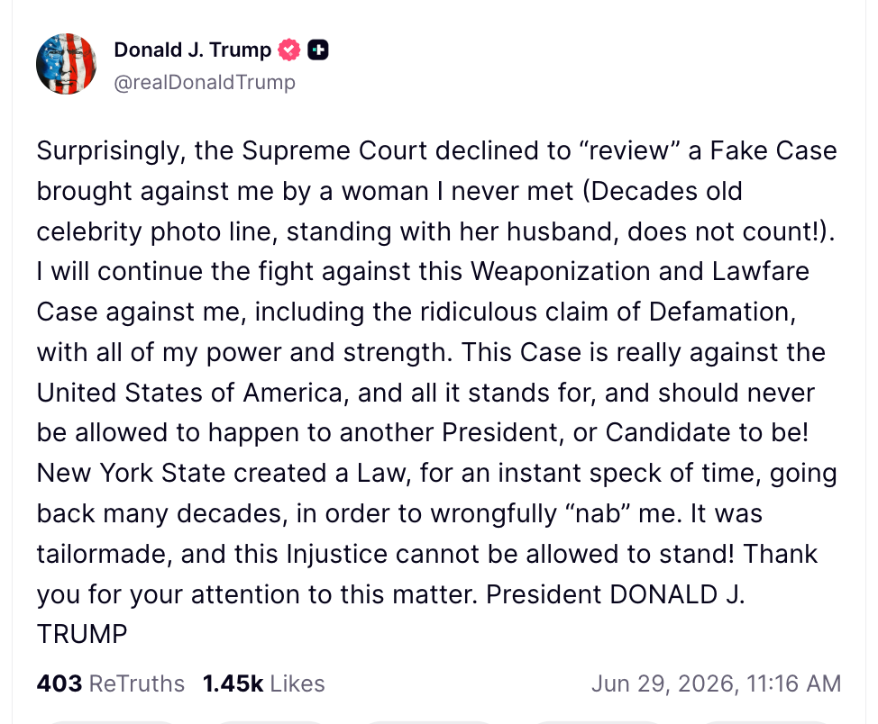 El presidente Trump volvió a insistir en que nunca había conocido a E. Jean Carroll, al tiempo que afirmó que seguiría recurriendo las sentencias multimillonarias dictadas en el caso por abuso sexual y difamación