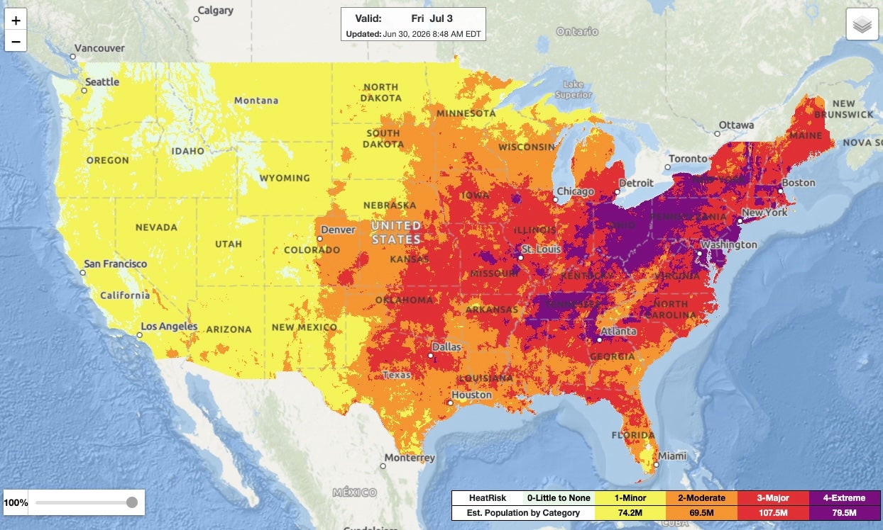 Pronóstico de calor en Estados Unidos para el viernes 3 de julio, con las zonas más afectadas en color morado y las menos afectadas en amarillo