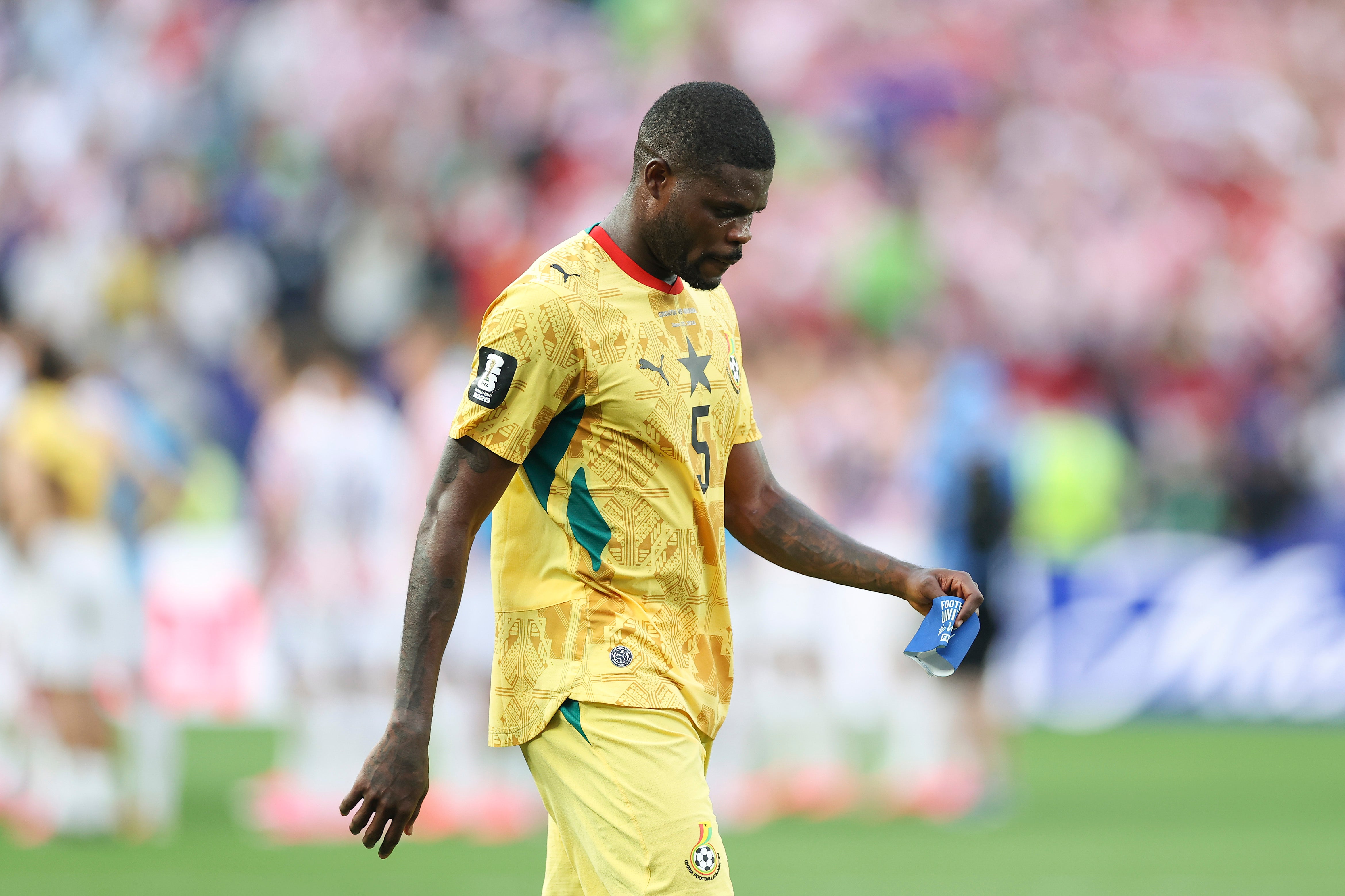 Thomas Partey, número 5 de Ghana, muestra su desánimo tras la derrota de su equipo por 1-2 en el partido del Grupo L de la Copa Mundial de la FIFA 2026 entre Croacia y Ghana, disputado en el Estadio de Filadelfia el 27 de junio