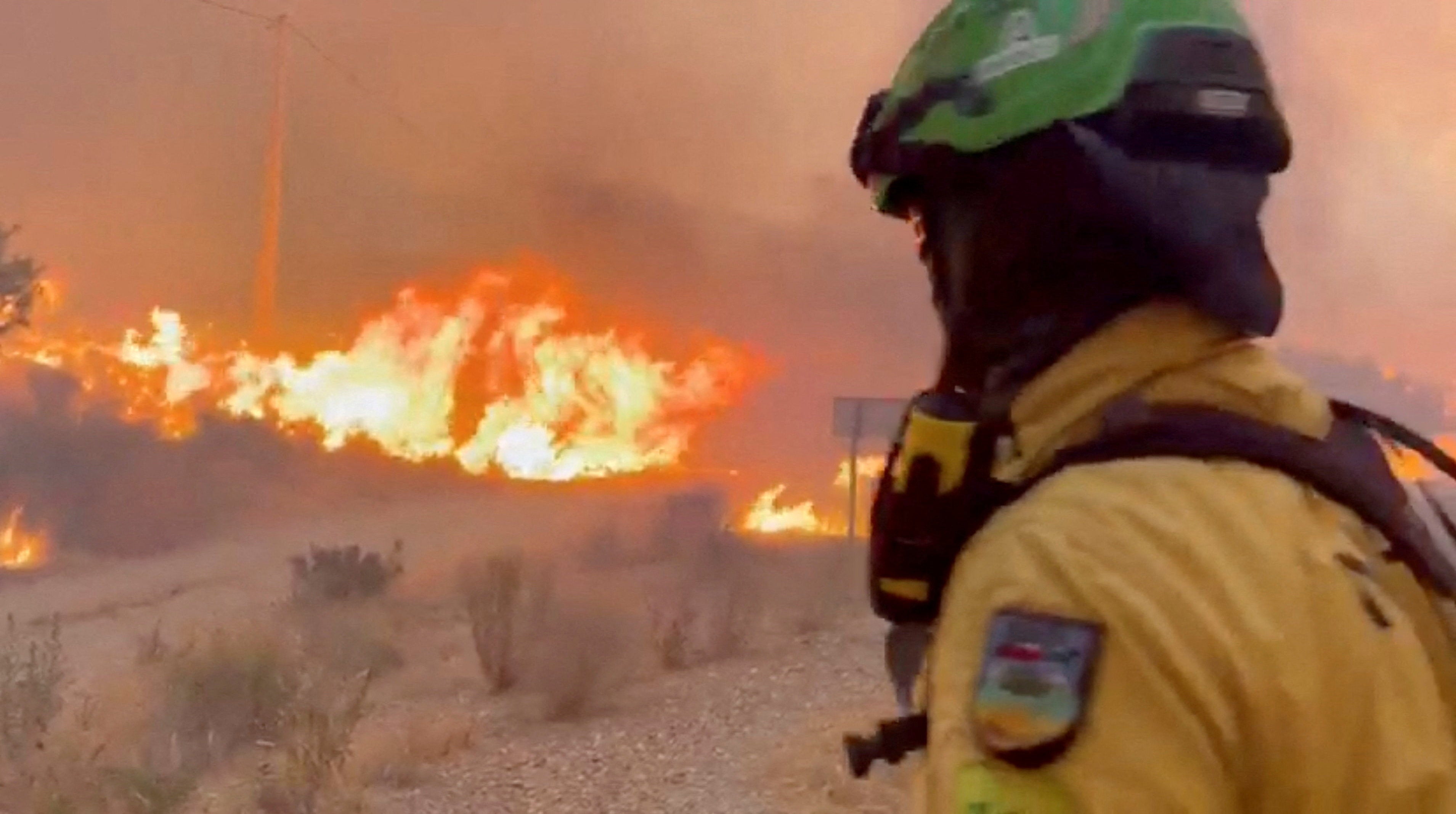 <p>Un trabajador de emergencias observa el avance de un incendio forestal en Almería</p>