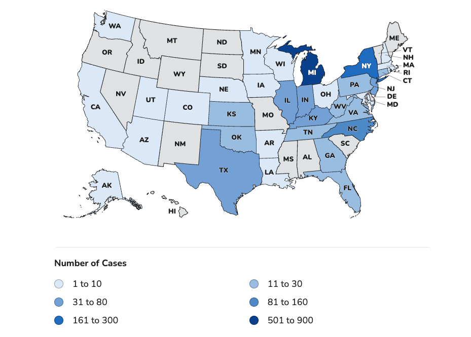 Este mapa muestra los casos de ciclosporiasis confirmados por los Centros para el Control y la Prevención de Enfermedades (CDC). Los datos de la agencia presentan un desfase respecto a los registros estatales