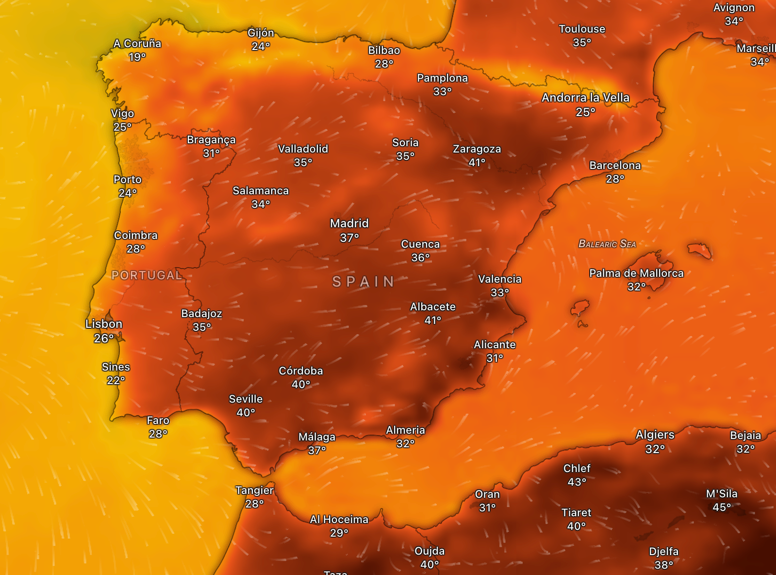 Esta semana, algunas zonas de España tendrán temperaturas más altas que el norte de África. El mapa muestra las temperaturas previstas para el jueves por la tarde, sobre las 4 p. m.