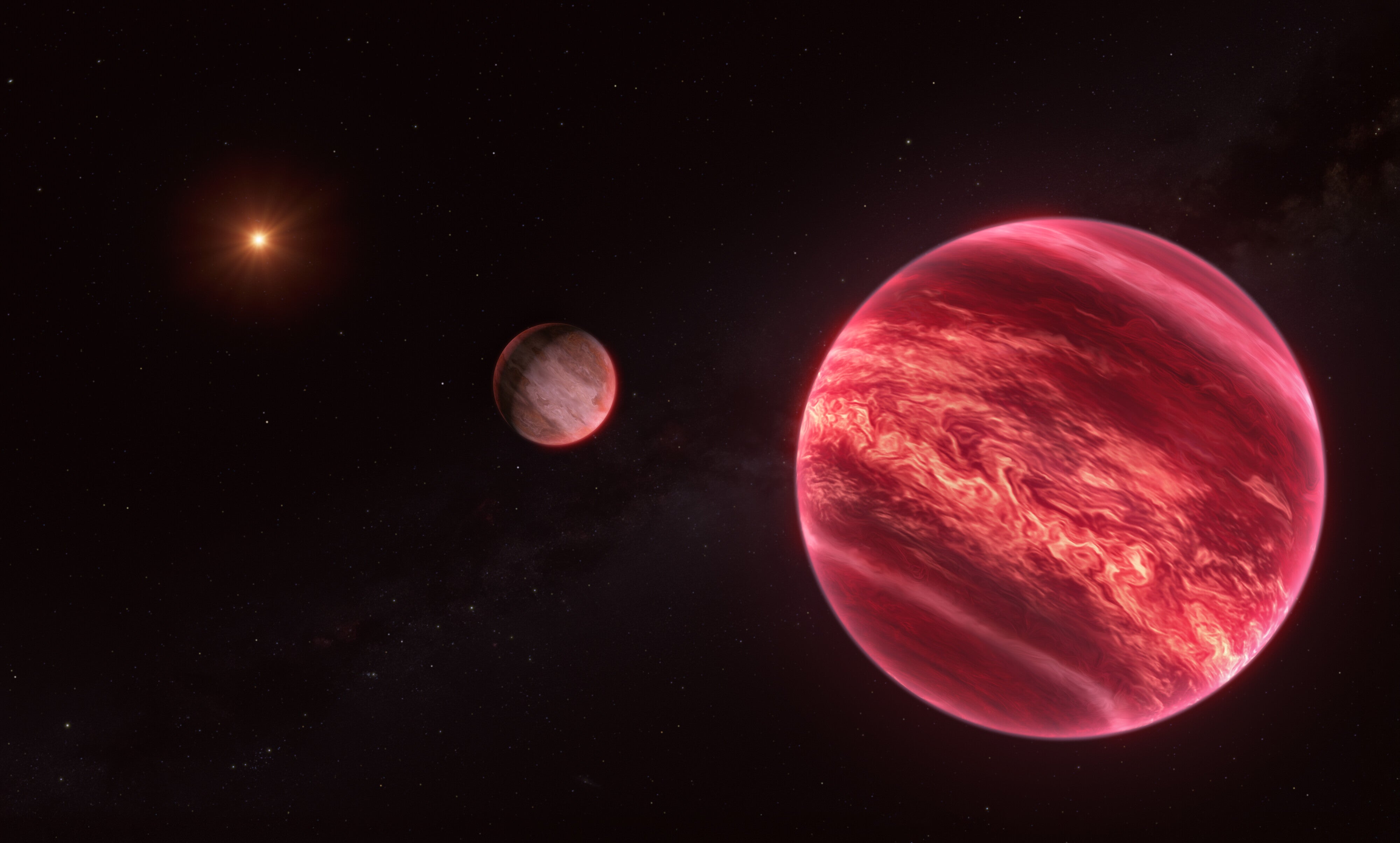 Ilustración que muestra el sistema que rodea a la estrella CD-35 2722, con el objeto similar a una luna recién descubierto en el centro