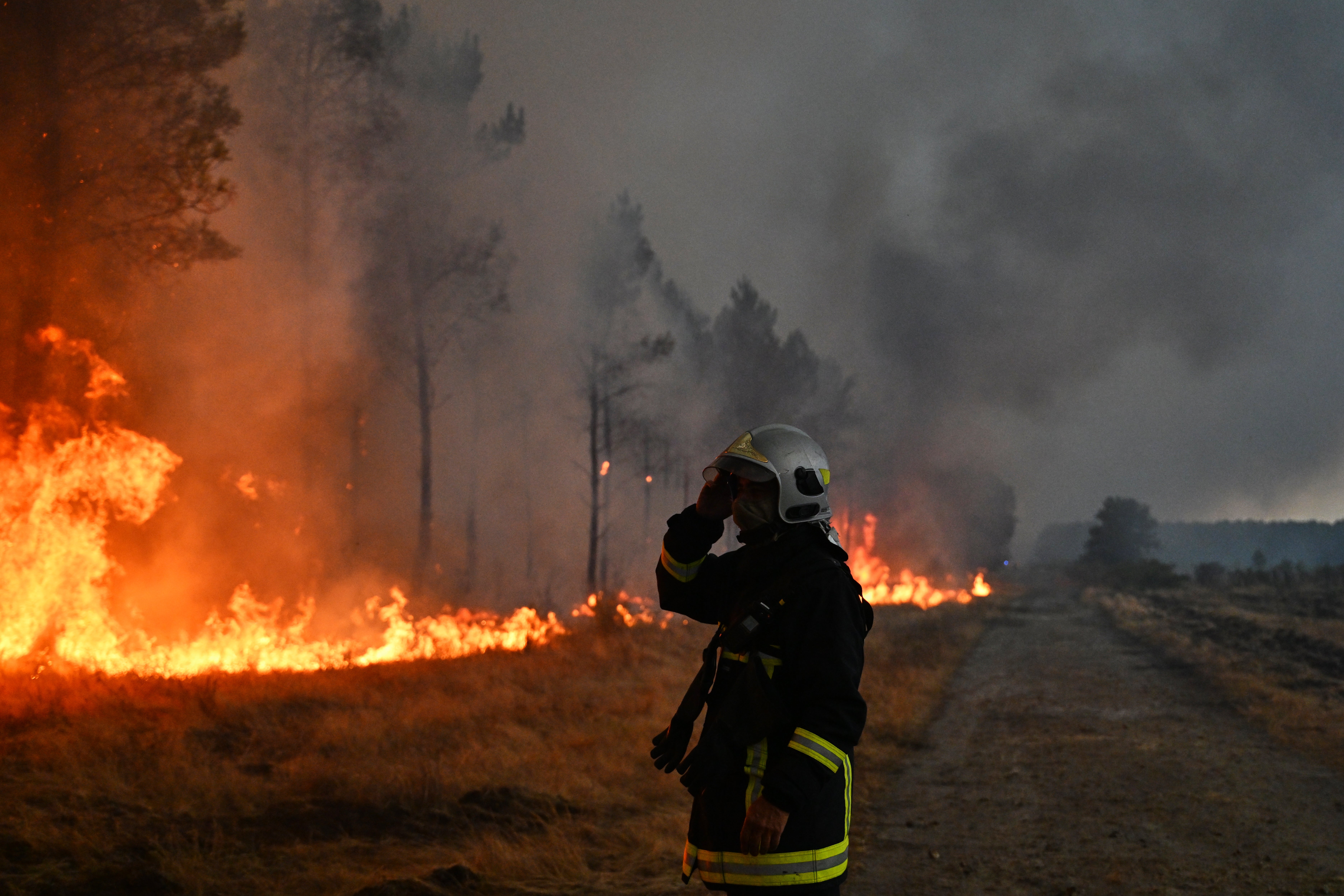 Un bombero hace un gesto junto a árboles en llamas mientras un incendio forestal arrasa cerca de Marcheprime, en las afueras de Burdeos