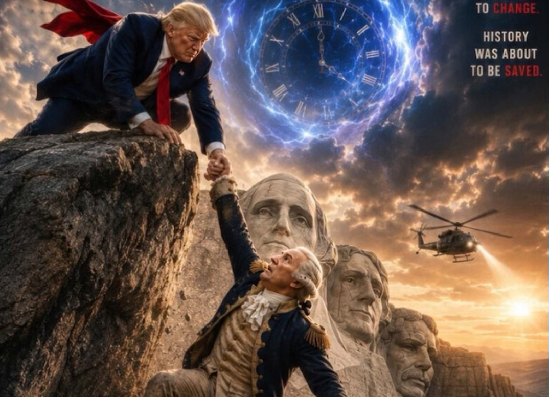 Trump también ha publicado memes con temática de ciencia ficción en Truth Social, incluido uno en el que rescata a George Washington en el Monte Rushmore