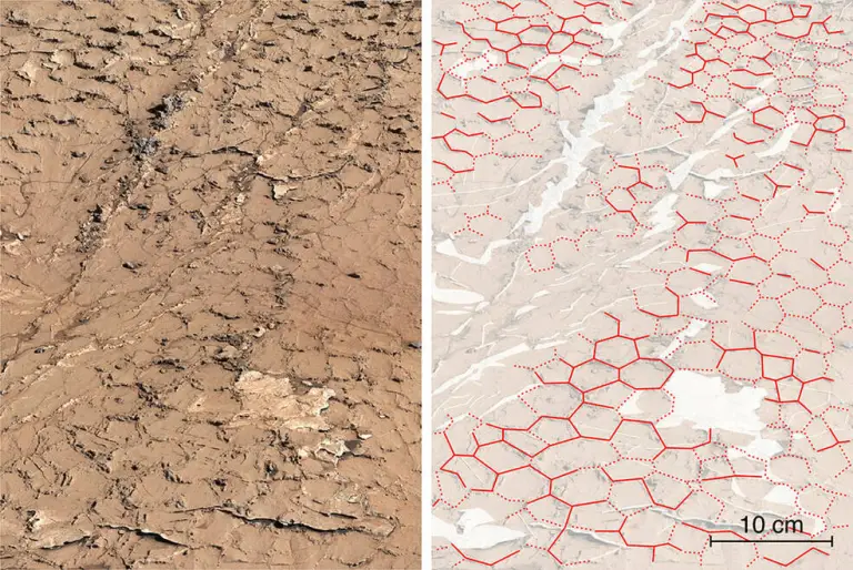 Estas imágenes anteriores del Curiosity también muestran patrones hexagonales que se formaron como grietas en el lodo antiguo