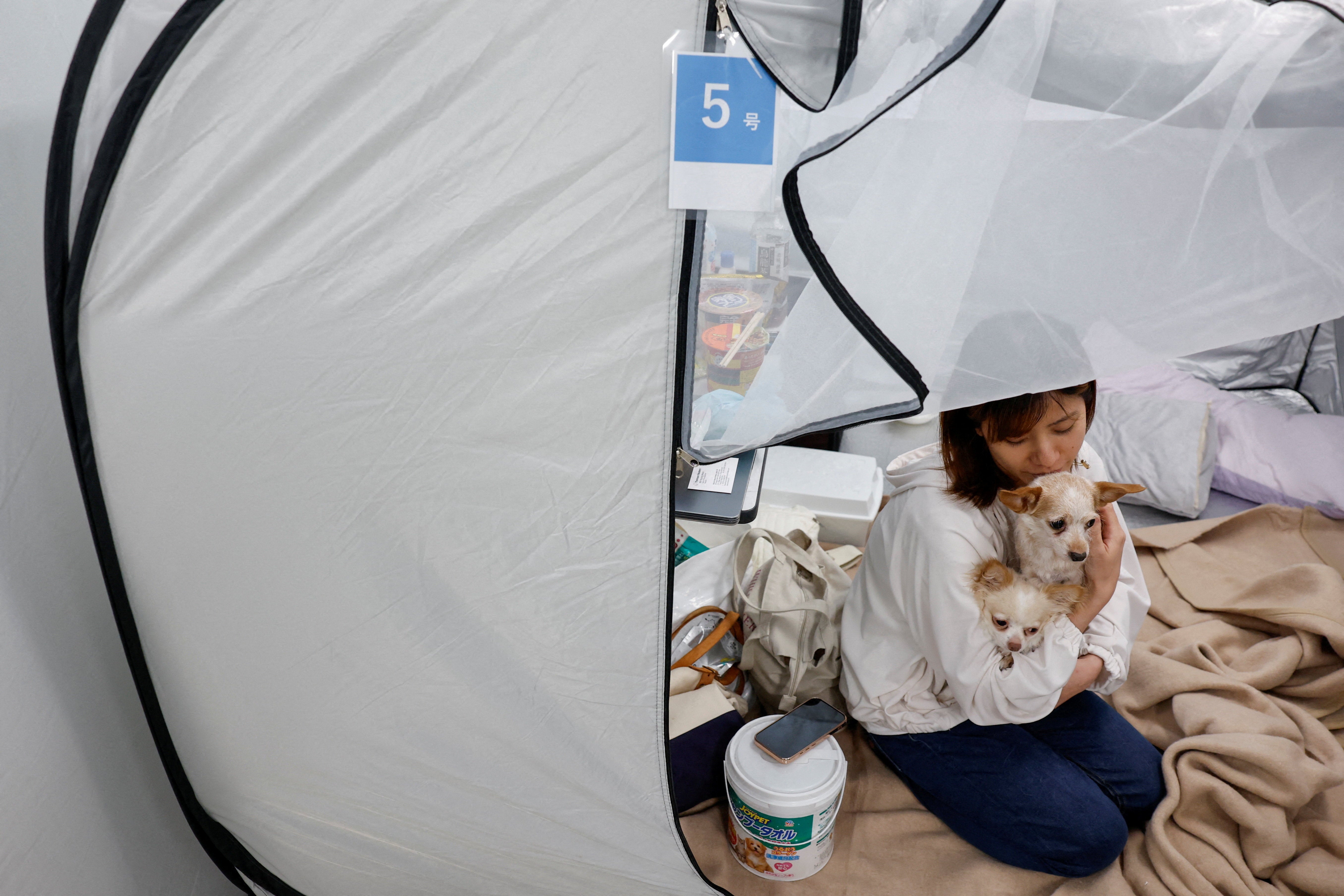 Tomoko Takaoka, de 31 años, evacuó la ciudad de Uki junto a sus perros: Ku, un chihuahua de 7 años, y Sheri, una mezcla de chihuahua y caniche de 8 años