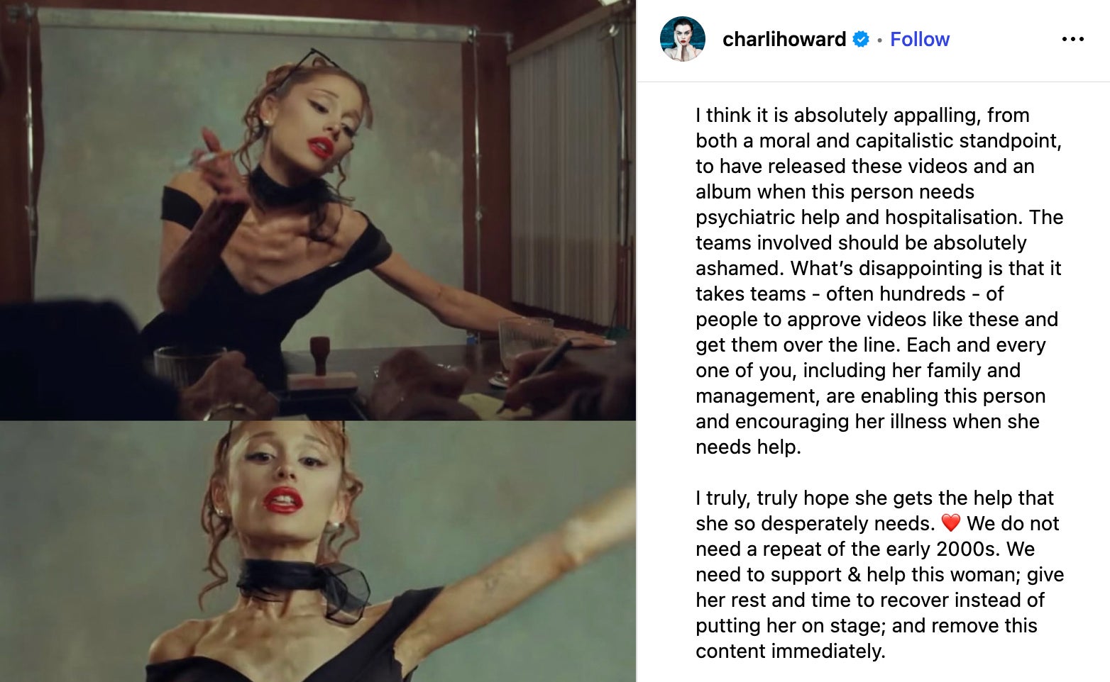 La escritora Charli Howard publicó un extenso mensaje en Instagram en el que criticó el más reciente videoclip de Ariana Grande, ‘Petal’