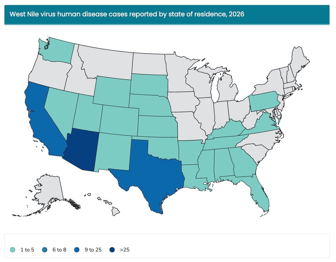 Mapa de los casos del virus del Nilo Occidental en Estados Unidos: el azul oscuro indica más casos, el turquesa menos y el gris, ninguno