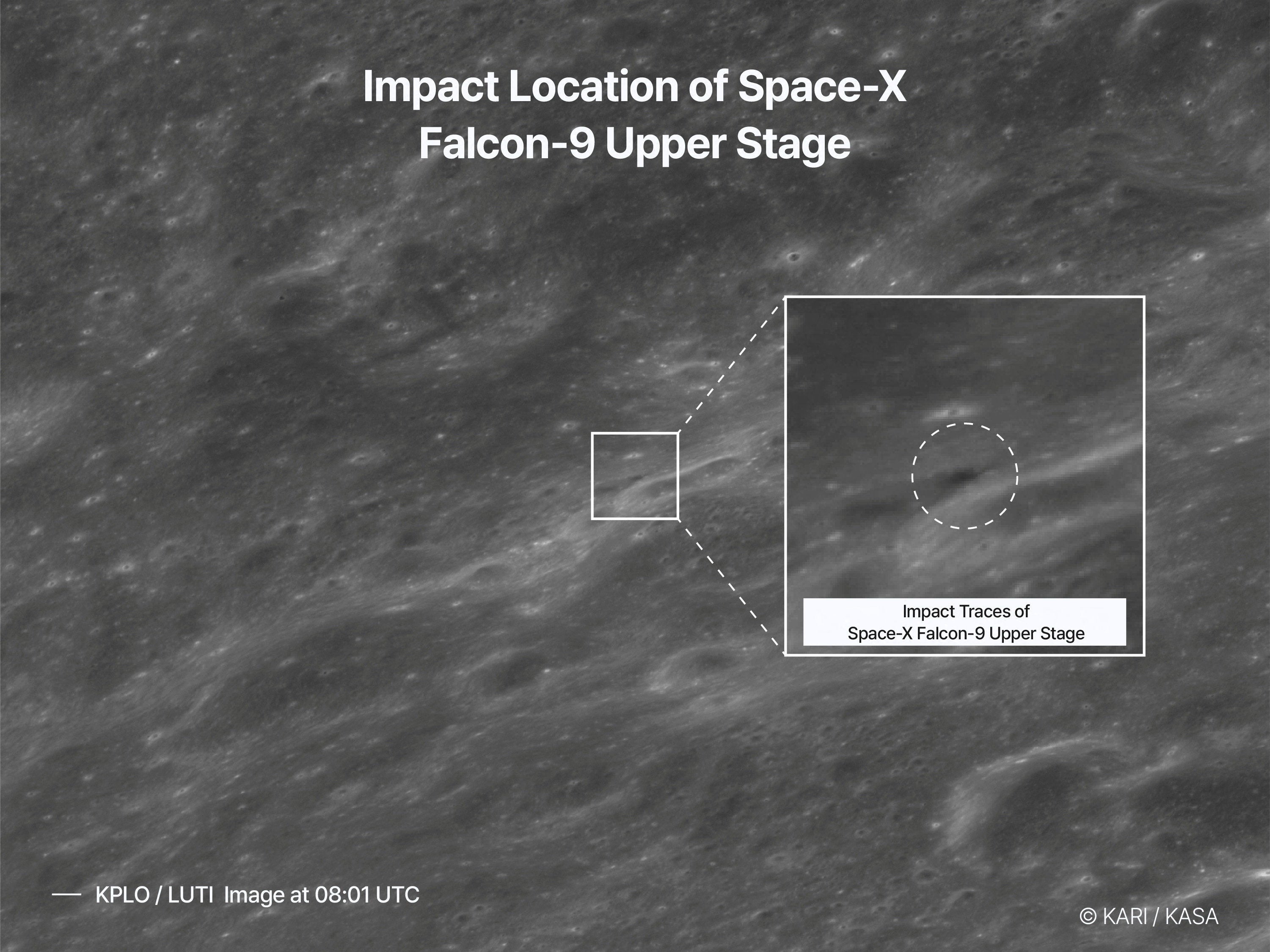 Una imagen satelital muestra el lugar del impacto de la segunda etapa de un cohete SpaceX Falcon 9