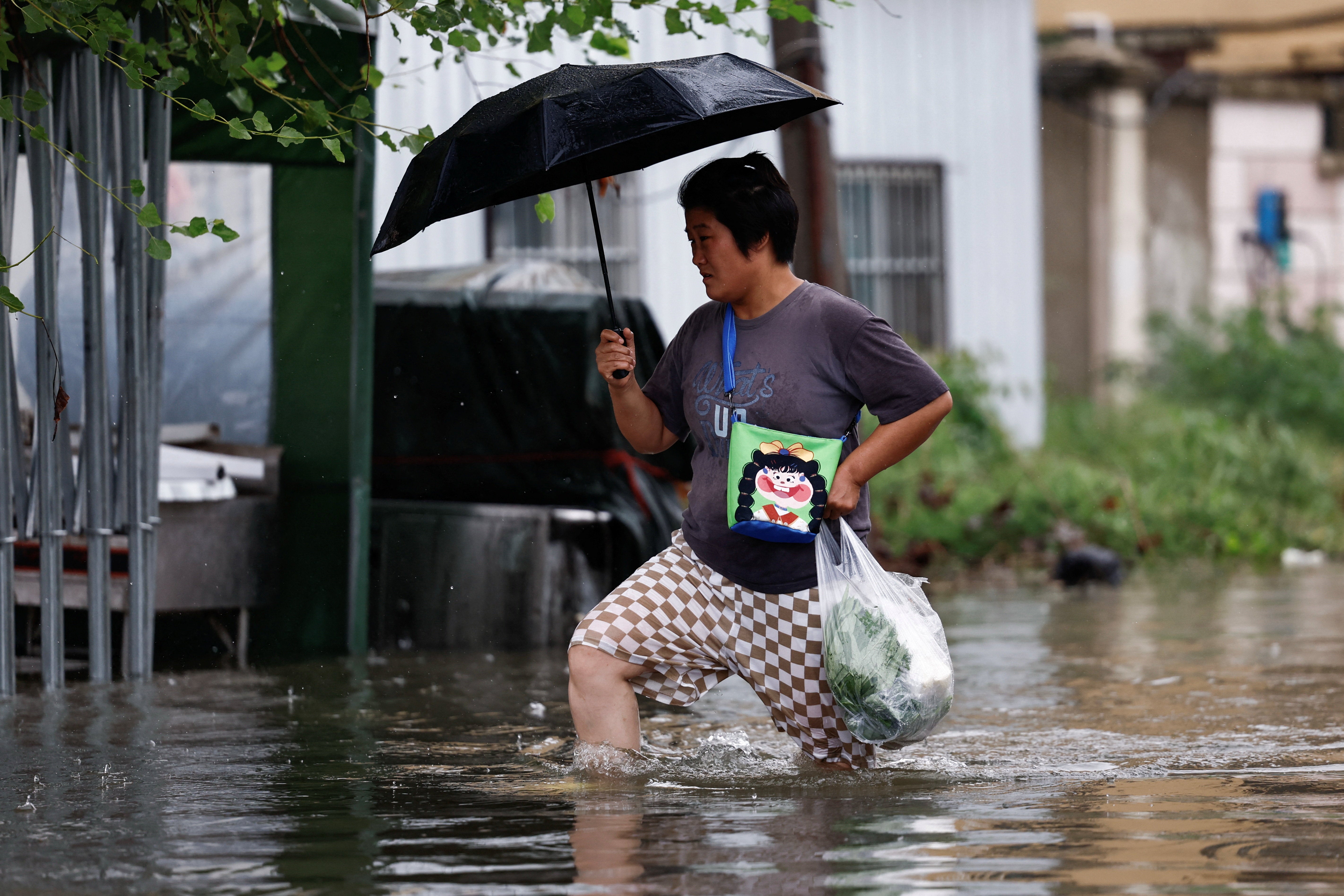 <p>Una mujer carga una bolsa con alimentos mientras camina entre las aguas de una inundación en Luohe, provincia de Henan, China  </p>