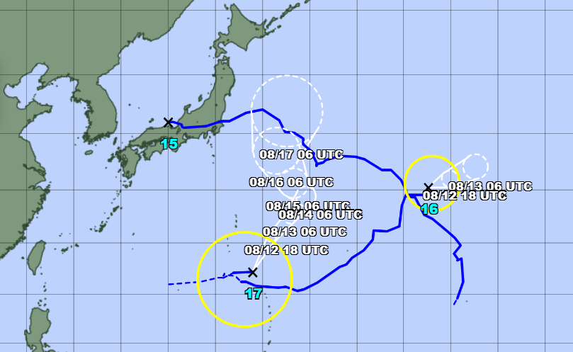 El mapa muestra a Chan-hom (15), que atravesó Japón; Peilou (16), que giró hacia el este; y Nangka (17), que se formó el miércoles