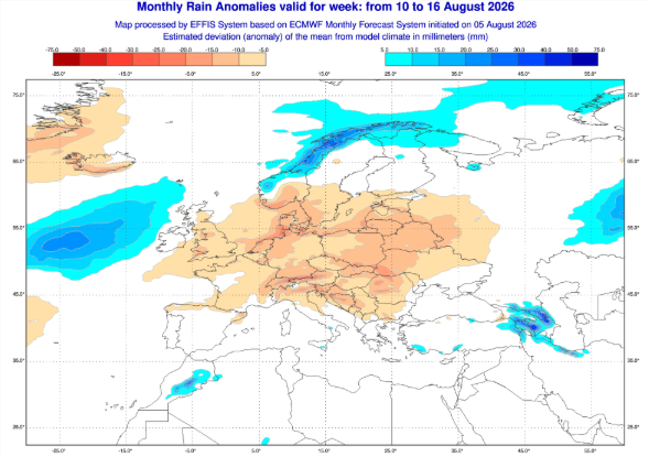 Europa también atraviesa un verano inusualmente seco. Las zonas en rojo del mapa muestran las áreas con lluvias por debajo del promedio