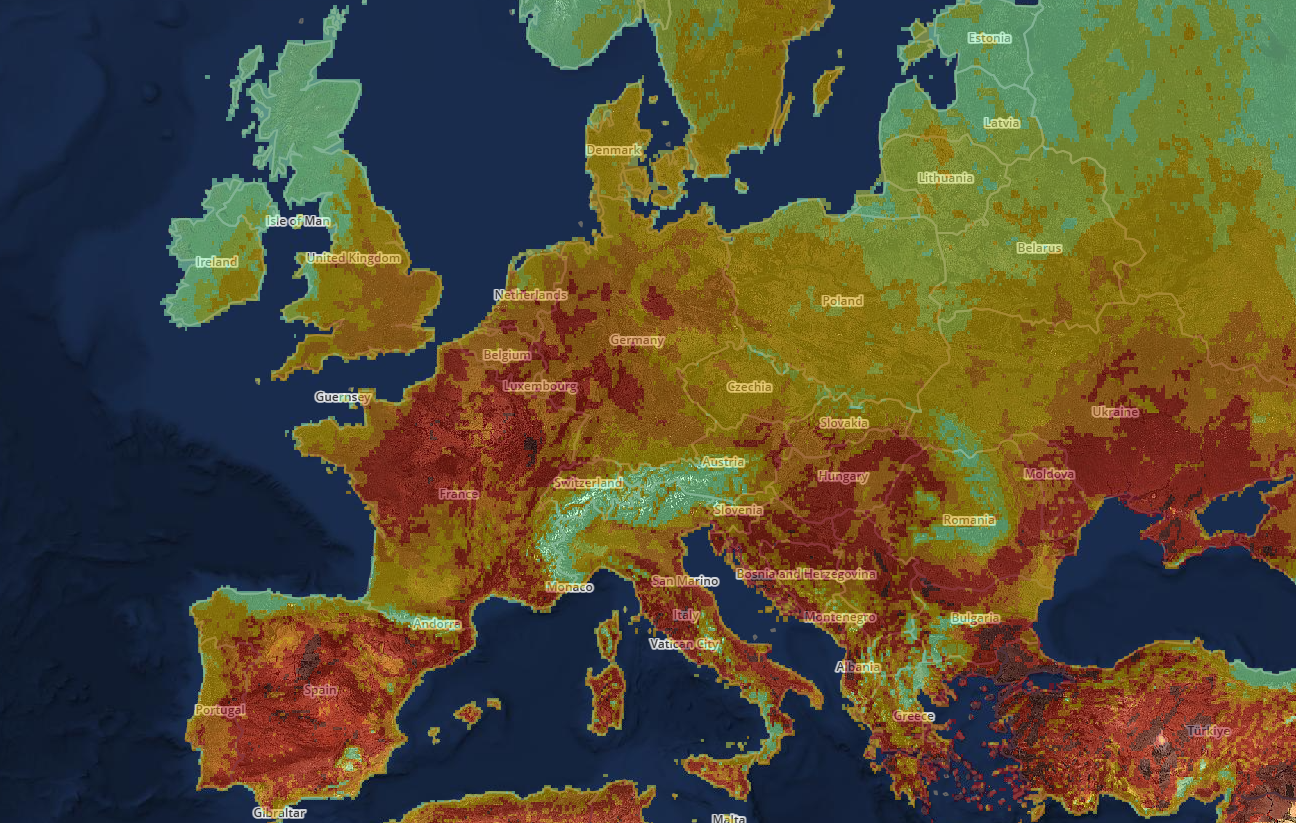 Amplias zonas del continente permanecen bajo un riesgo “muy alto” de incendios forestales, mientras que algunas áreas, marcadas en rojo oscuro, presentan un riesgo “extremo” (Copernicus EFFIS)