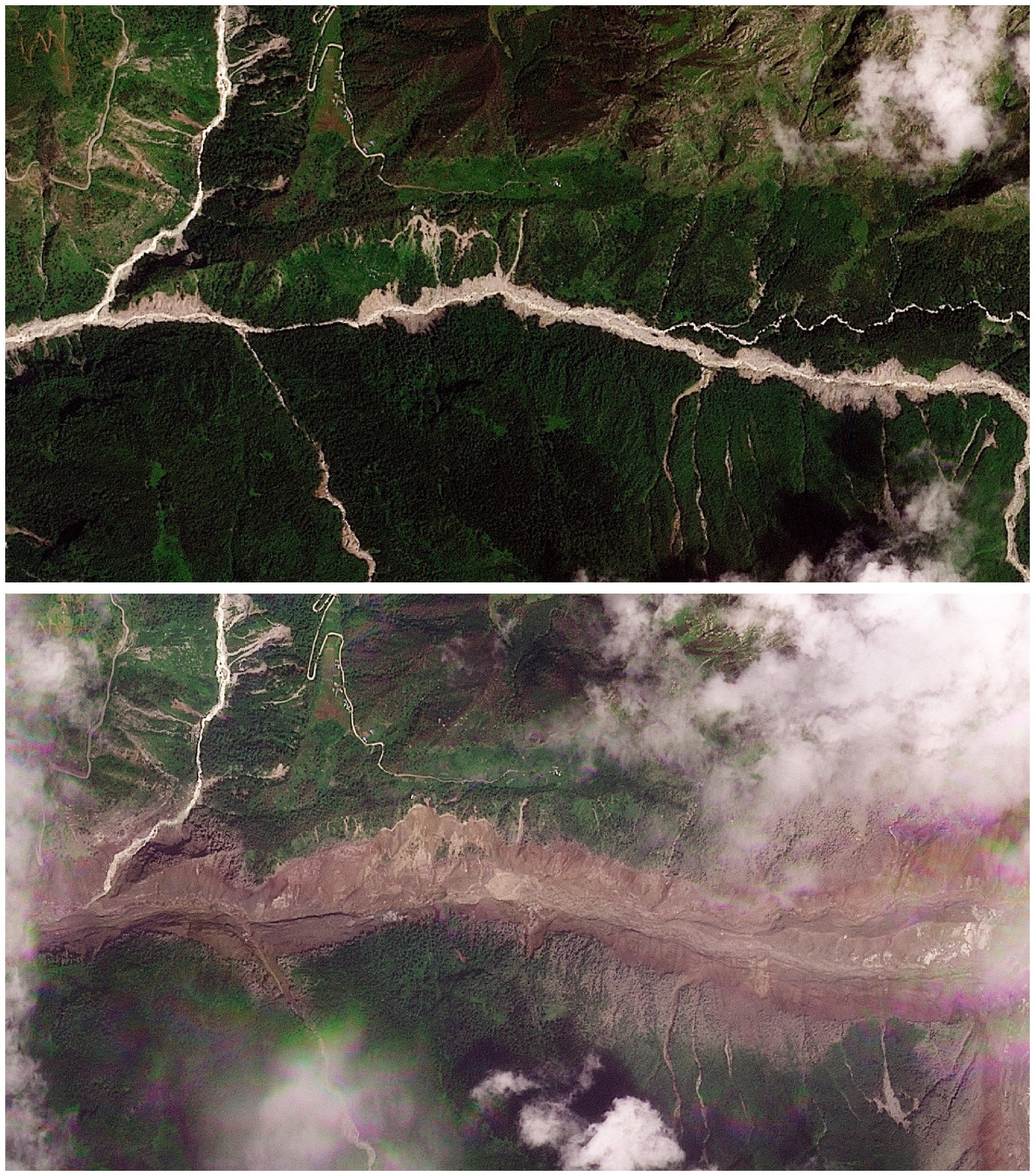 Imágenes satelitales del antes y el después muestran el desprendimiento de rocas y hielo en un valle de alta montaña de Nepal tras el desastre en la frontera con China