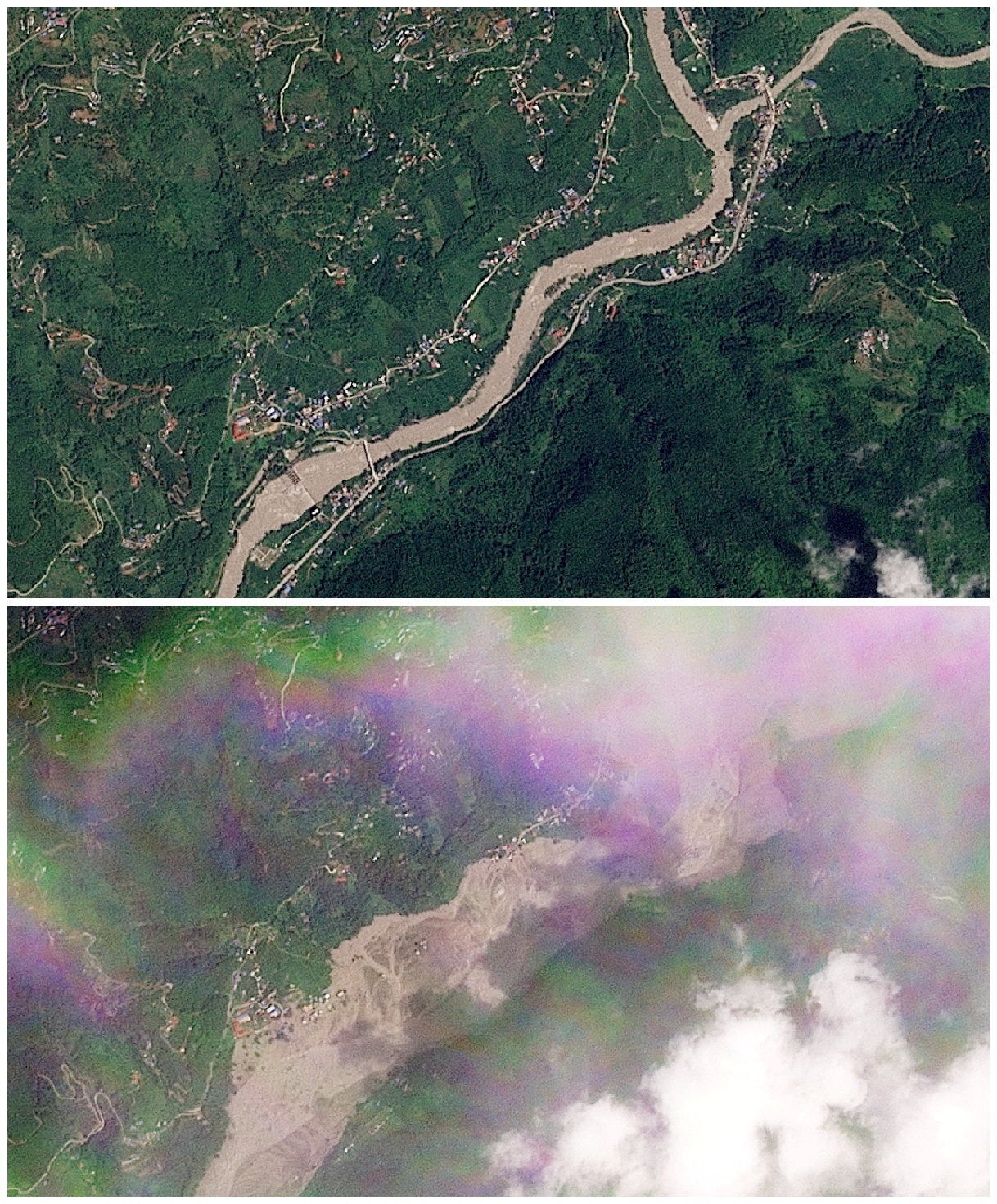 Una composición de imágenes satelitales muestra Tupche antes y después de las inundaciones repentinas