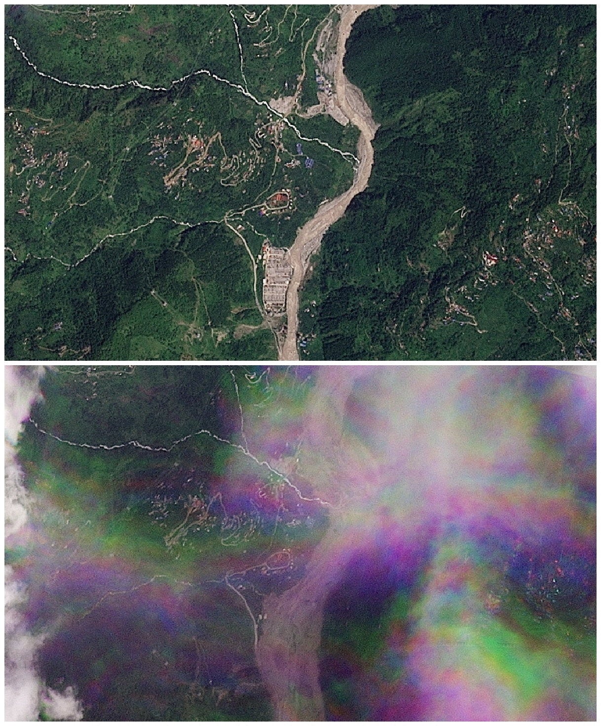 Una composición de imágenes satelitales muestra Manakamana antes y después de las inundaciones repentinas
