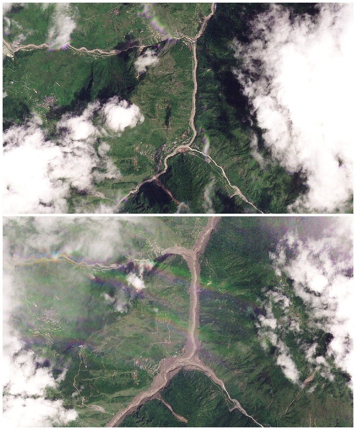 Las imágenes satelitales muestran la zona de Syapru Besi, en Nepal, antes de las inundaciones del 26 de agosto de 2026 y después de ellas