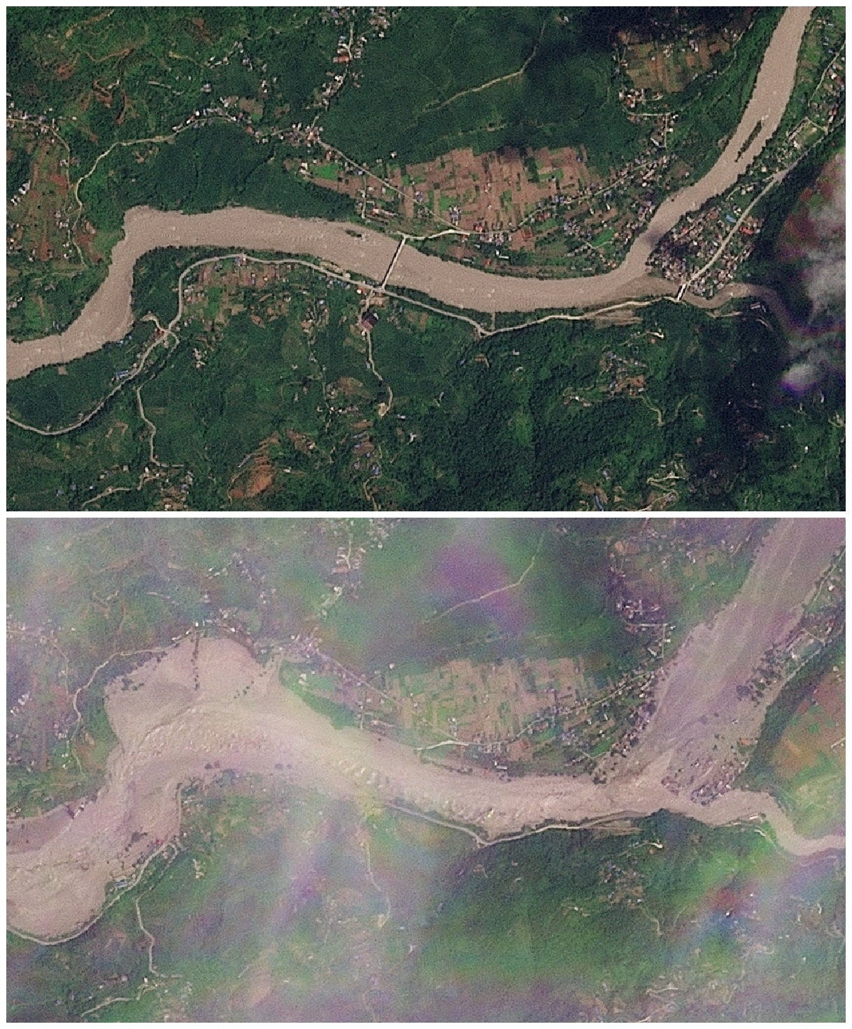 Las imágenes satelitales muestran la zona de Khadga Bhanjyang, en Nepal, antes y después de las inundaciones