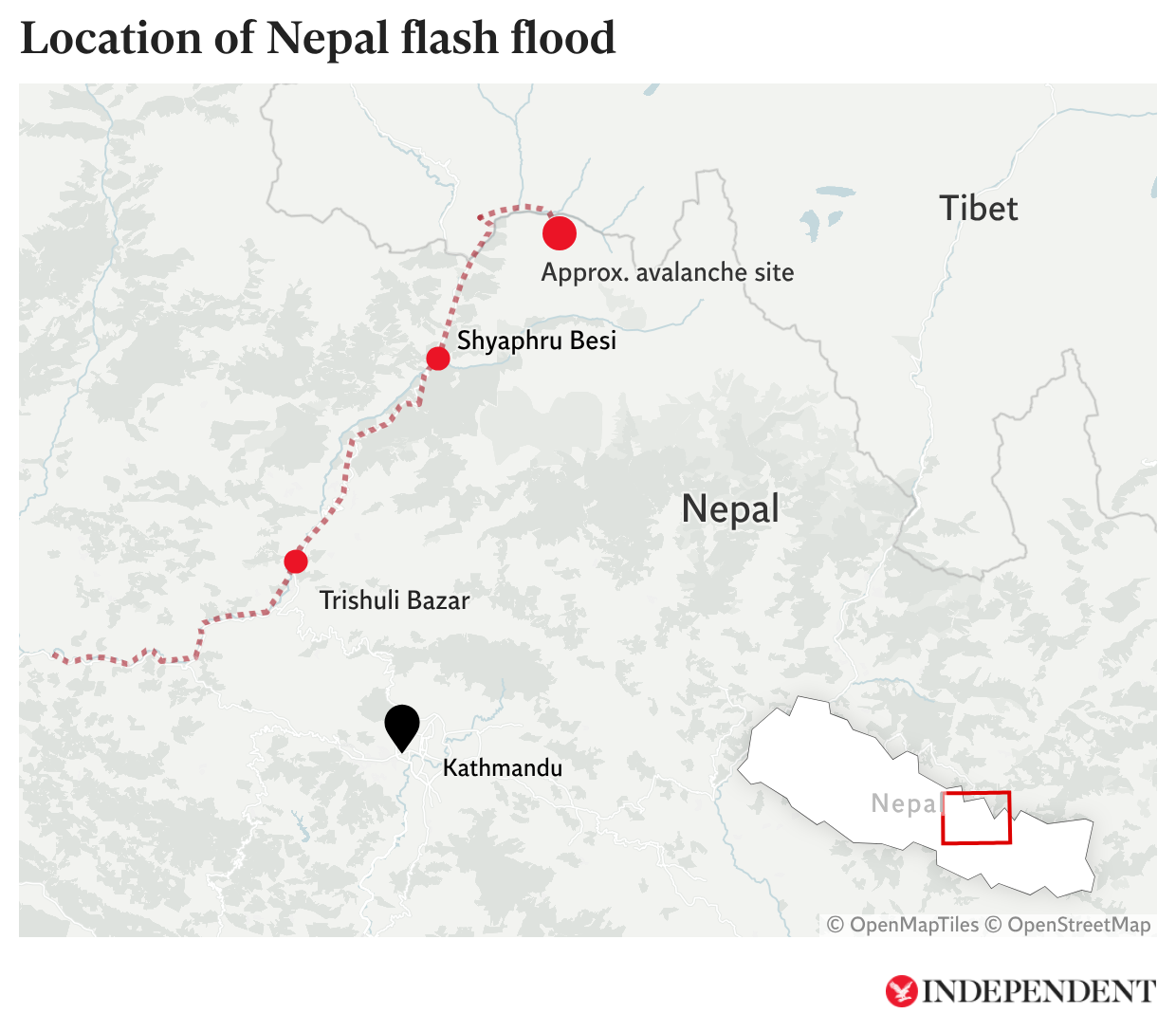 La línea roja punteada muestra el recorrido de las inundaciones a lo largo de los ríos Bhotekoshi y Trishuli